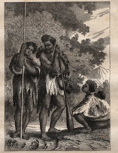 Primo viaggio (1768-1771) del capitano James Cook (1728-1779): una famiglia neozelandese - illustrazione tratta da 