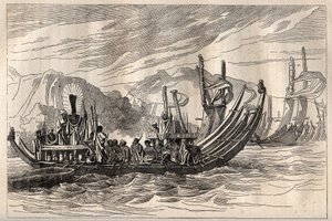 Primo viaggio (1768-1771) del Capitano James Cook (1728-1779): la flotta di Tahiti riunita a Oparee - illustrazione tratta da "I grandi marinai del XVIII secolo" da Unknown artist