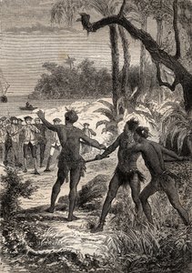 Primo viaggio (1768-1771) del capitano James Cook (1728-1779): mentre Cook e dieci marinai navigano sulla costa meridionale della Nuova Guinea, tre indiani uscirono dal bosco con grandi urla - illustrazione tratta da 