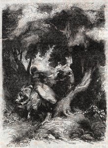 Fuga di Angelica durante la battaglia - incisione del 1851 da "Orlando furioso" (XVI secolo) di Ludovico Ariosto, edizione tradotta dall