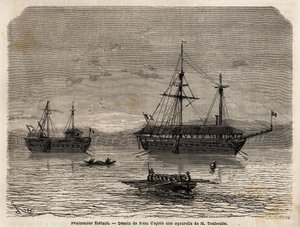Penitenziari galleggianti della Guyana francese, colonia devoluta alla prigionia di coloro che hanno preso il controllo dei tribunali e degli uomini che dovevano rimanere. Incisione per illustrare il viaggio in Guyana francese nel 1862-1863, di Frederic Bo da Unknown artist