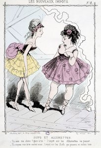 Seguaci e fiammiferi: "Sai, cara, attenzione, passerà la tassa sui fiammiferi! Non la nasconderai anche tu, la tassa sui seguaci che passerà allo stesso tempo!" - caricatura sulle "nuove tasse" da Unknown artist
