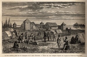 Fort Youkon, nel Golfo di Norton, Alaska, fondato nel 1847, un insediamento della Hudson Bay Company, indiani accampati intorno alle palizzate. Incisione per illustrare il viaggio e le avventure nella Colombia inglese, Isola di Vancouver e Alaska, di Frede