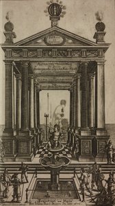 Fontana con cherubino e tempio, incisione, frontespizio da Grand Art d
