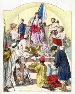 Francia, sotto le sembianze di Marianne, circondata dalle sue colonie personificate - in "Storia di Francia" di E. Grobet, c. 1915