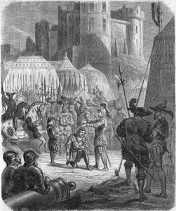 Francesco I di Francia chiede di essere nominato cavaliere dal Cavaliere Bayard dopo la vittoria alla battaglia di Marignano, Italia