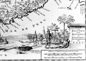 Francisco Pizarro rappresentato su una mappa del Perù. XVII secolo. da Unknown artist