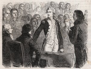 Rivoluzione francese: il generale Gilbert du Motier de La Fayette (1757-1834) si dimette dal comando della Guardia Nazionale - Incisione in "Le Monde Illustré" da Unknown artist