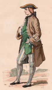 Gentiluomo francese in costume da caccia, con cappotto, gilet e cappello a tricorno con un pugnale al fianco durante il XVIII secolo da Unknown