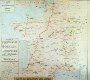 Mappa geografica francese che mostra le linee telegrafiche aeree da Unknown artist