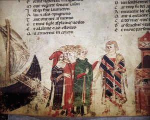 Mercante francese a Venezia. Miniatura del "Roman de Troy" di Benoit de Saint Maure. XIV secolo Biblioteca Marciana, Venezia da Unknown artist