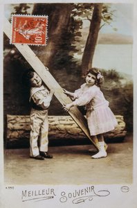 Cartolina francese con un ragazzo e una ragazza che giocano nel 1990 da Unknown artist
