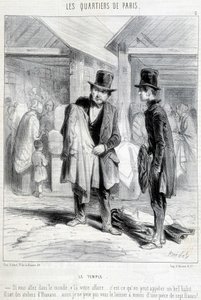 Fripier del quartiere del tempio a Parigi che cerca di vendere vestiti a un uomo. Incisione del XIX secolo. da Unknown artist