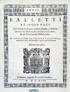 Frontespizio di Balletti per cinque voci di Giovanni Giacomo Gastoldi