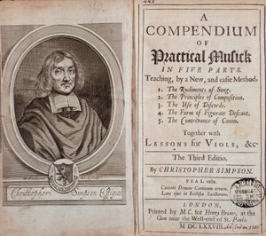 Frontespizio di Compendium di musica pratica in cinque parti con lezioni di viola da gamba di Cristopher Simpson da Unknown artist