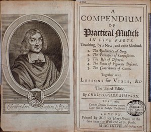 Frontespizio di Compendium of practical music con ritratto di Christopher Simpson da Unknown artist