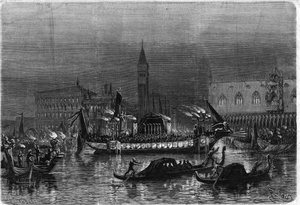 Funerale di Daniele Manin (1804-1857), che partecipò al Risorgimento, a Venezia: la gondola mortuaria che trasporta le ceneri verso la Chiesa di San Zaccaria passa davanti al palazzo reale. Incisione in "L