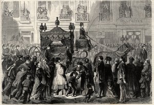 Corteo funebre durante le esequie di Gioachino Rossini (1799-1868) a Parigi. Incisione in "L