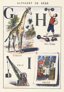 G H I: giraffa, gru, manubri, immagine da Unknown artist