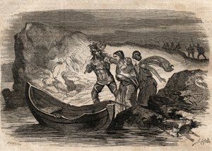 Guerre galliche, 58-51 a.C. Vittoria romana sulle tribù germaniche sotto Ariovisto - Ariovisto costretto a riattraversare il Reno - Ariovisto costretto a riattraversare il Reno - incisione in "Dictionnaire populaire illustré" - 1864 - di Joseph Decembre e  da Unknown artist