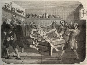 Galvanizzazione del cadavere di un boia con la pila di Alessandro Volta: sotto l