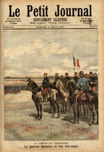 Generale Felix Gustave (Felix-Gustave) Saussier (1828-1905) e il suo staff che rivedono le truppe a Vincennes. Incisione in "Le petit journal illustrato" 09/05/1891. Collezione Selva da Unknown artist