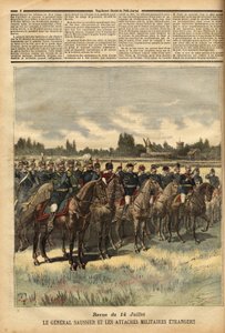 Generale Felix Gustave Saussier (1828-1905), governatore militare di Parigi dal 1884, circondato da legami militari stranieri, ha passato in rassegna le truppe durante la parata del 14 luglio 1891 nella pianura del Bois de Boulogne. Incisione in "Le petit  da Unknown artist
