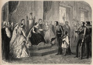 Il generale Robert Cornelis Napier (1810-1890) presentò Leul Alemayehou Tewodros (1861-1879), figlio del negus etiope Teodoro II, alla regina Vittoria I (1819-1901). Incisione in "L