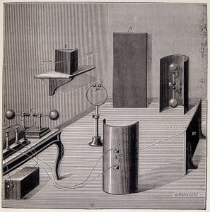 Schema generale degli esperimenti di Heinrich Hertz (1857-1894) sulle onde elettriche - in "Fisica popolare" di Emile Desbeaux, Flammarion da Unknown artist
