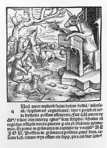 Incunabolo tedesco che raffigura un asino che insegna a una classe di animali della foresta. 1490. da Unknown artist