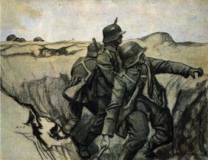 Soldati tedeschi lanciano granate dalle trincee contro le truppe nemiche. 26/5/1917.