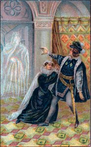 Gertrude, Amleto e il fantasma del padre di Amleto. In "Amleto" di William Shakespeare. Cromolitografia della fine del XIX secolo