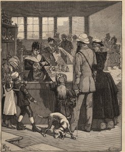 Arte del vetro: turisti che acquistano una perla soffiata in una fabbrica di vetro a Venezia, Italia. Incisione del 1885 in "Les arts et metiers illustres" di Adolphe Bitard