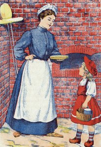 Vai a portare quella torta e quel vaso di burro a tua nonna. Illustrazione anonima per "Cappuccetto Rosso", racconto di Charles Perrault (1628-1703), scrittore francese. Immagini Marcel Vagne, Jarville Nancy, senza data (fine XIX secolo) da Unknown artist