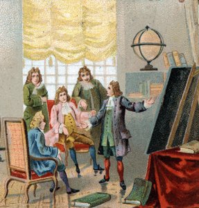 Gottfried Wilhelm Leibniz (1646-1716), filosofo e matematico tedesco; dimostrando le sue teorie sul calcolo differenziale. Cromolitografia, fine XIX secolo da Unknown artist