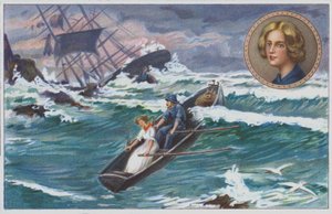 Grace Darling parte con il padre per salvare i superstiti del vascello naufragato, il "Forfarshire", nel 1838. (cromolito) da Unknown artist