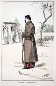 Guardiani della Pace mobilitati (1871). Acquaforte a colori, per illustrazione “Histoire du corps des gardiens de la paix” libro pubblicato sotto gli auspici di Louis Lepine (1846-1933) prefetto di polizia della Senna, di Alfred Rey (1864-?) e Louis Feron  da Unknown artist