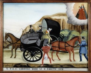 Appeso tra due carrioli e la caduta di un passeggero - ex-voto di Notre Dame de Laghet da Unknown artist