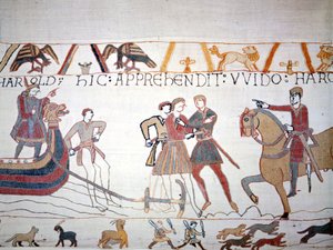 Harold II sbarcò in Normandia dove fu catturato da Guglielmo I il Conquistatore. Arazzo di Bayeux, noto come Ricamo della Regina Matilde da Unknown artist