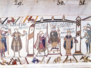 Harold II (1022 - 1066) fu proclamato re alla morte di Edoardo il Confessore nel 1066 ma morì presto nella Battaglia di Hastings. Arazzo di Bayeux o Ricamo della Regina Matilde