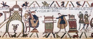 Harold giura un sacro giuramento a Guglielmo a Bayeux, Arazzo di Bayeux da Unknown artist