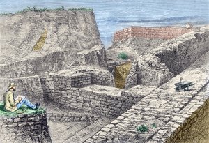 Heinrich Schliemann che prende disegni delle mura di Troia (Hissarlik) durante gli scavi da Unknown artist