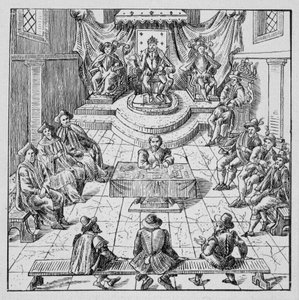 Enrico III (1551 - 1589) che tiene gli Stati Generali a Blois nel 1576 - in "Collezione di 39 figure che rappresentano le calamità della Francia dal 1562 al 1586"; Louis Perrin imprimerie