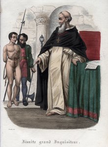 Prigioniero eretico e Grande Inquisitore gesuita al tempo del regno di Papa Clemente VIII (1592-1605). Incisione del 1842 in "Histoire des papes" di Maurice Lachatre. Collezione privata. da Unknown artist