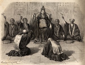 Alto sacerdote buddista adorato, circondato dai suoi discepoli che ritmano il rituale con gong e cembali. Incisione per illustrare il viaggio in Giappone nel 1863-1864, di Aime Humbert, ministro della Confederazione Svizzera, in “Le tour du monde, nouveau  da Unknown artist