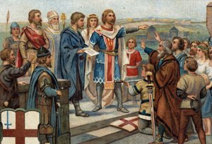 Episodi storici di città famose: Alfredo il Grande (849-899) restituisce Londra ai suoi abitanti (886), la "Pace di Alfredo e Guthrum" segnò la vittoria degli anglosassoni contro i danesi (vichinghi). Cromolitografia del XIX secolo