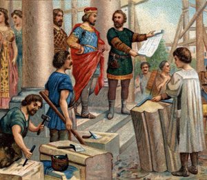 Episodi storici di città famose: Clodoveo elige Parigi come residenza permanente (nel 508). Cromolitografia del XIX secolo