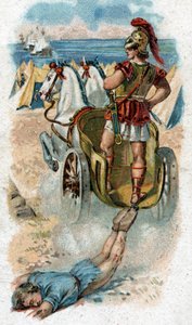Storia della vita di Achille, leggendario eroe della guerra di Troia: Achille trascina il corpo di Ettore dietro il suo carro. Cromolitografia del 1890. da Unknown artist