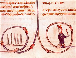 Storia del diritto canonico: il gioco delle bocce. Miniatura tratta dal "Decreto di Graziano" (Concordia discordantium canonum o Decretum Gratiani) datato 1140 e regolante le leggi e i canoni della Chiesa cattolica romana. 13° secolo Laon da Unknown artist