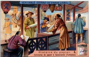 Storia della carta. 4. Commercio della carta a Samarcanda (Turkestan). Cromolitografia Liebig da Unknown artist